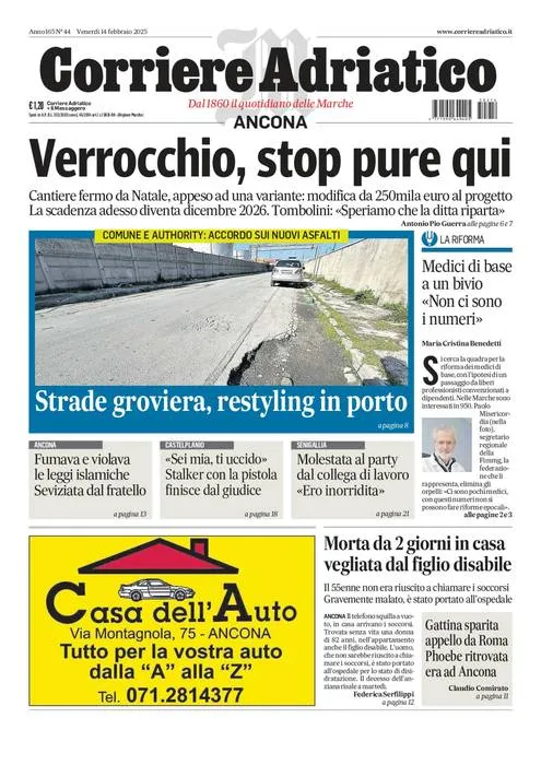 Prima-pagina-corriere adriatico-edizione-di-oggi-14-02-2025